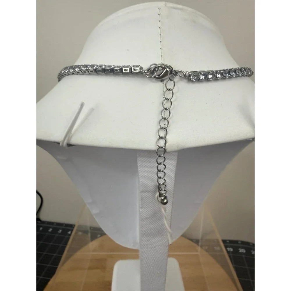 Tennis Crystal Necklace Princess Cut Drop Pendant Silver Tone Formal Glam